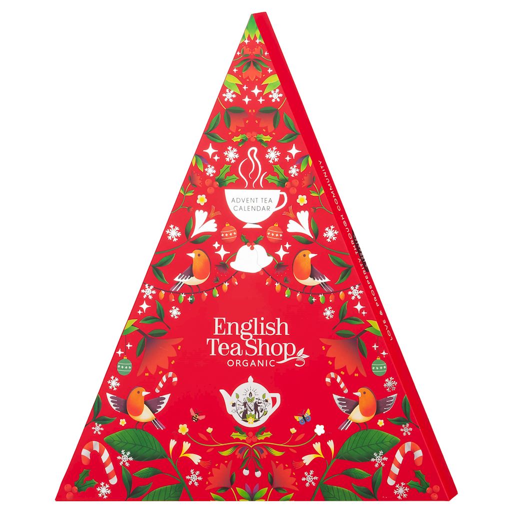 KALENDARZ ADWENTOWY (HERBATY I HERBATKI) BIO PIRAMIDKI (RED TRANGULAR – 13 SMAKÓW) (25 X 2 G) 50 G - ENGLISH TEA SHOP ORGANIC (PRODUKT SEZONOWY)