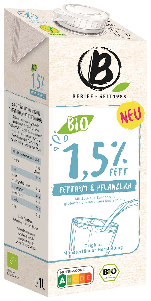 NAPÓJ SOJOWO - OWSIANY 1,5 % TŁUSZCZU BEZGLUTENOWY BIO 1 L - BERIEF