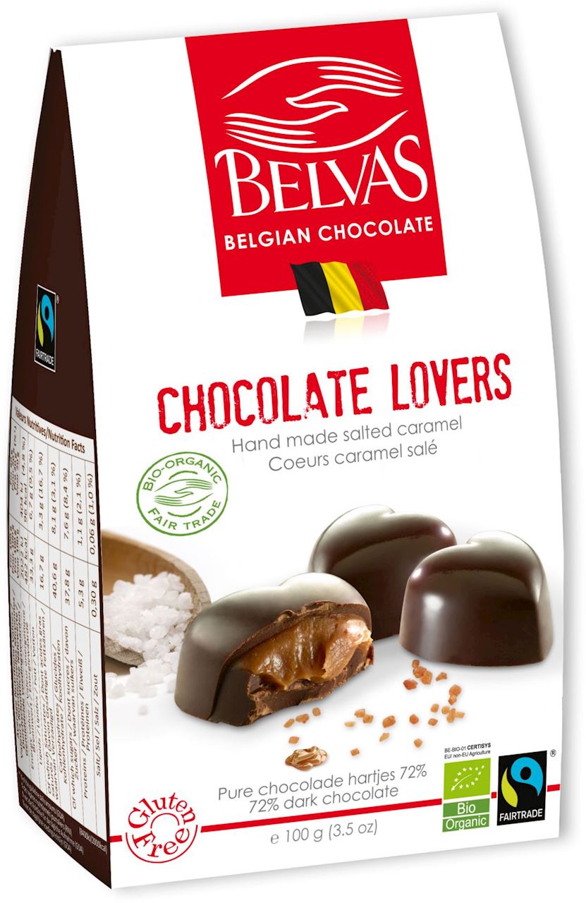 BELGIJSKIE CZEKOLADKI SERCA Z KARMELEM I SOLĄ MORSKĄ FAIR TRADE BEZGLUTENOWE BIO 100 G - BELVAS