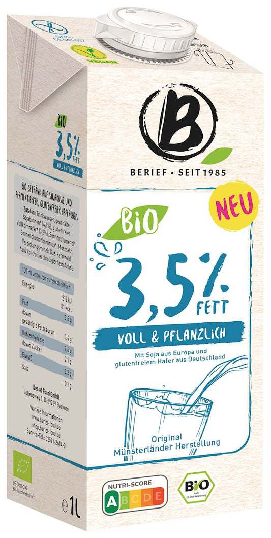 NAPÓJ SOJOWO - OWSIANY 3,5 % TŁUSZCZU BEZGLUTENOWY BIO 1 L - BERIEF